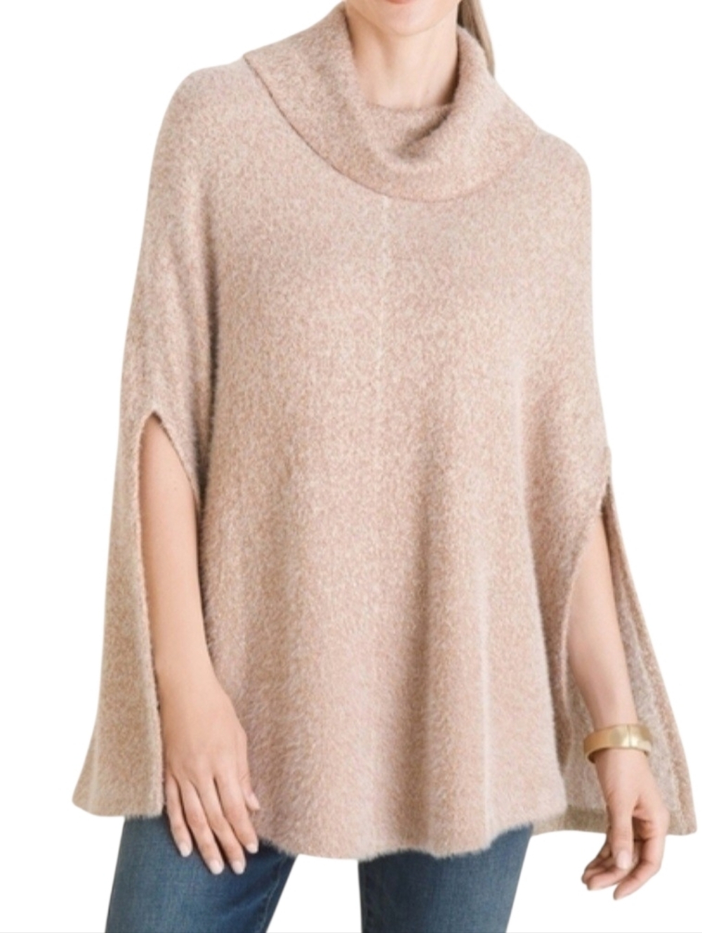 Chico’s Fuzzy Shine Cape Poncho Cowl Neck Sweater Rose Gold S/M
